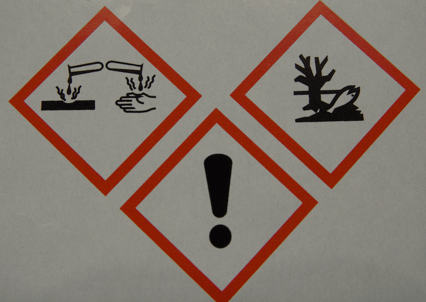 Three Hazard Warning Labels, corrosive, irritant and harmful to aquatic life