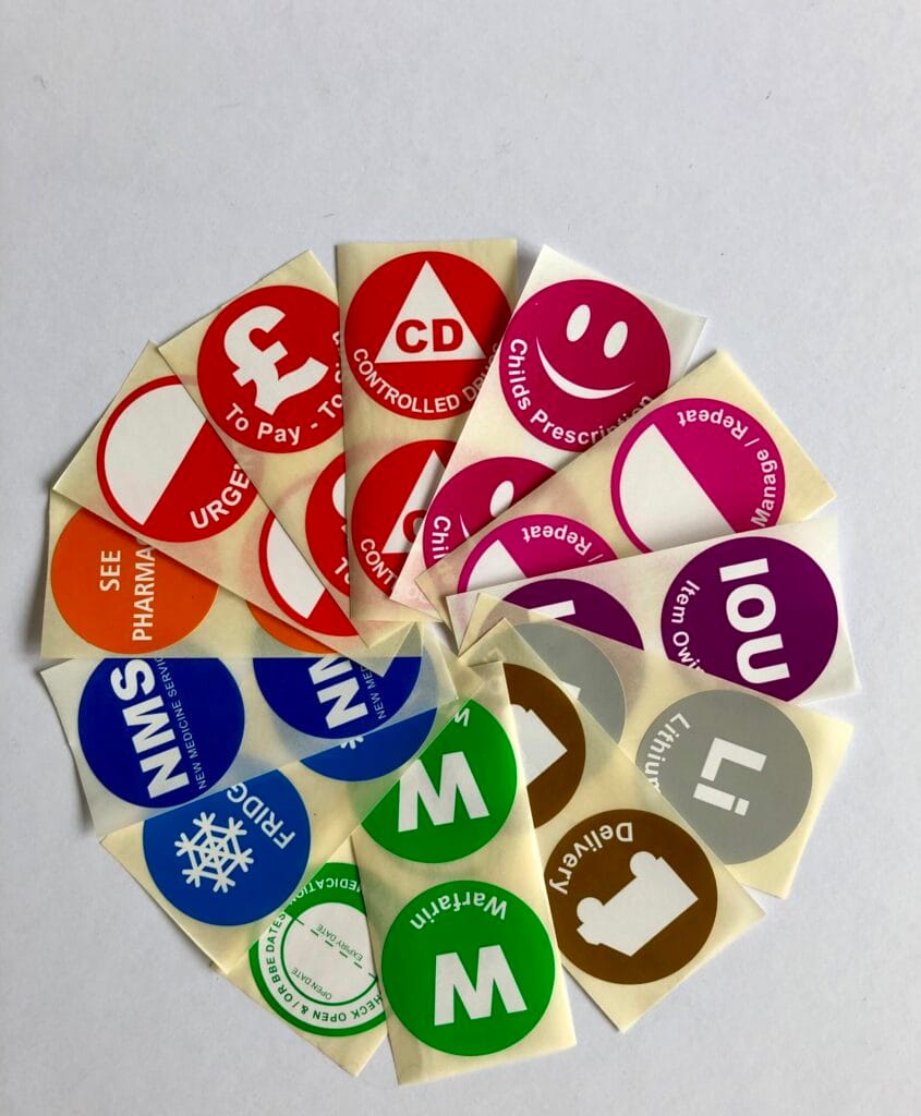 Pharmaceutical Labels, Circular, used to identify drug contents and to state specific instructions or warnings for administration, storage and disposal