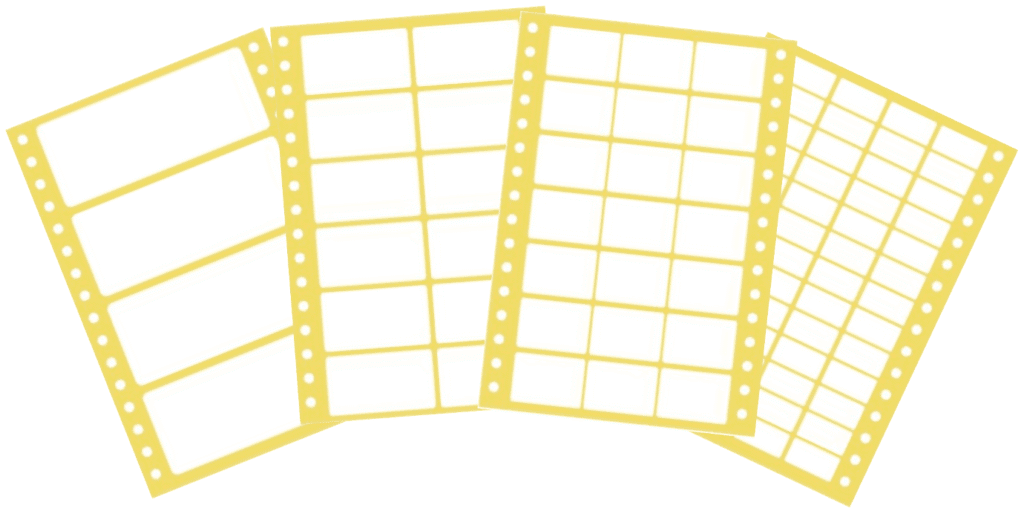 Continuous Labels Sprocket Fed Labels, four sheets containing different sized labels