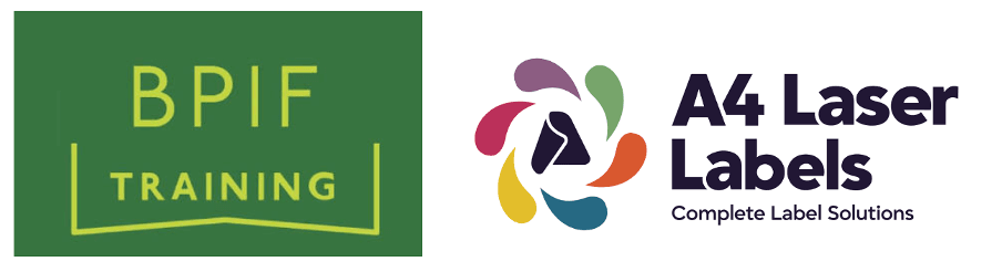 BPIF Training logo on green background, beside the A4 Laser Labels logo with a colorful circular emblem and 'Complete Label Solutions' tagline.